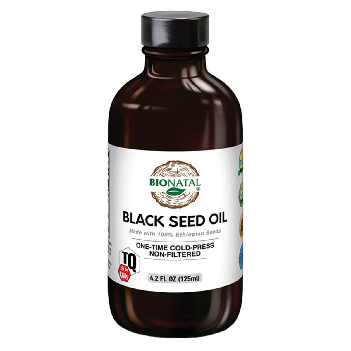 BioNatal frasco frontal de aceite de semilla negra mostrando presentación y pureza