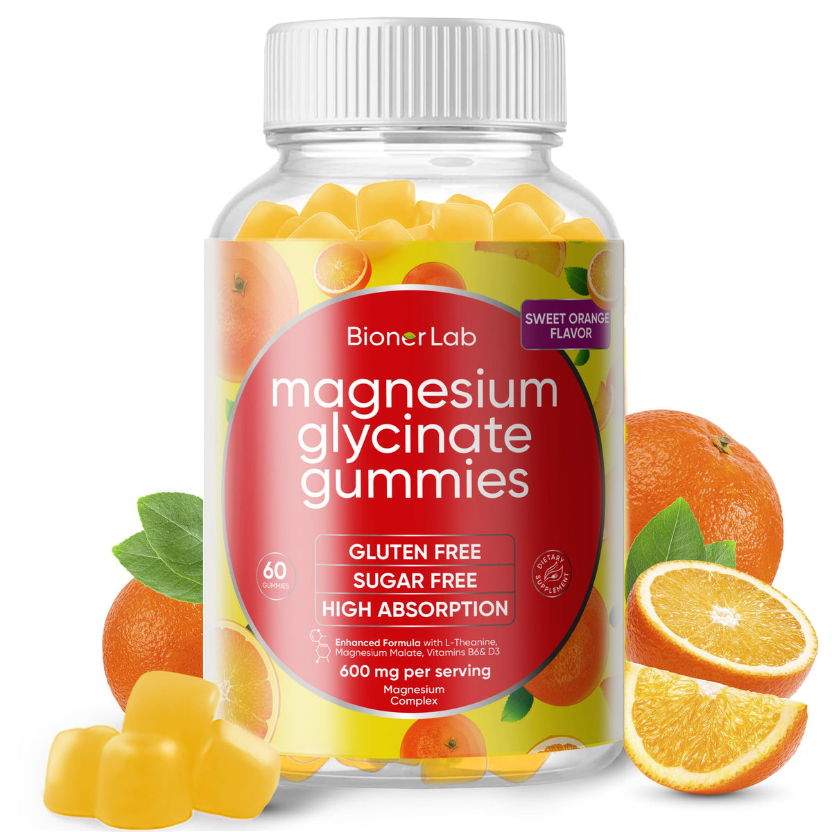 BionerLab envase frontal de gomitas magnesio glicinato, información clara y beneficios