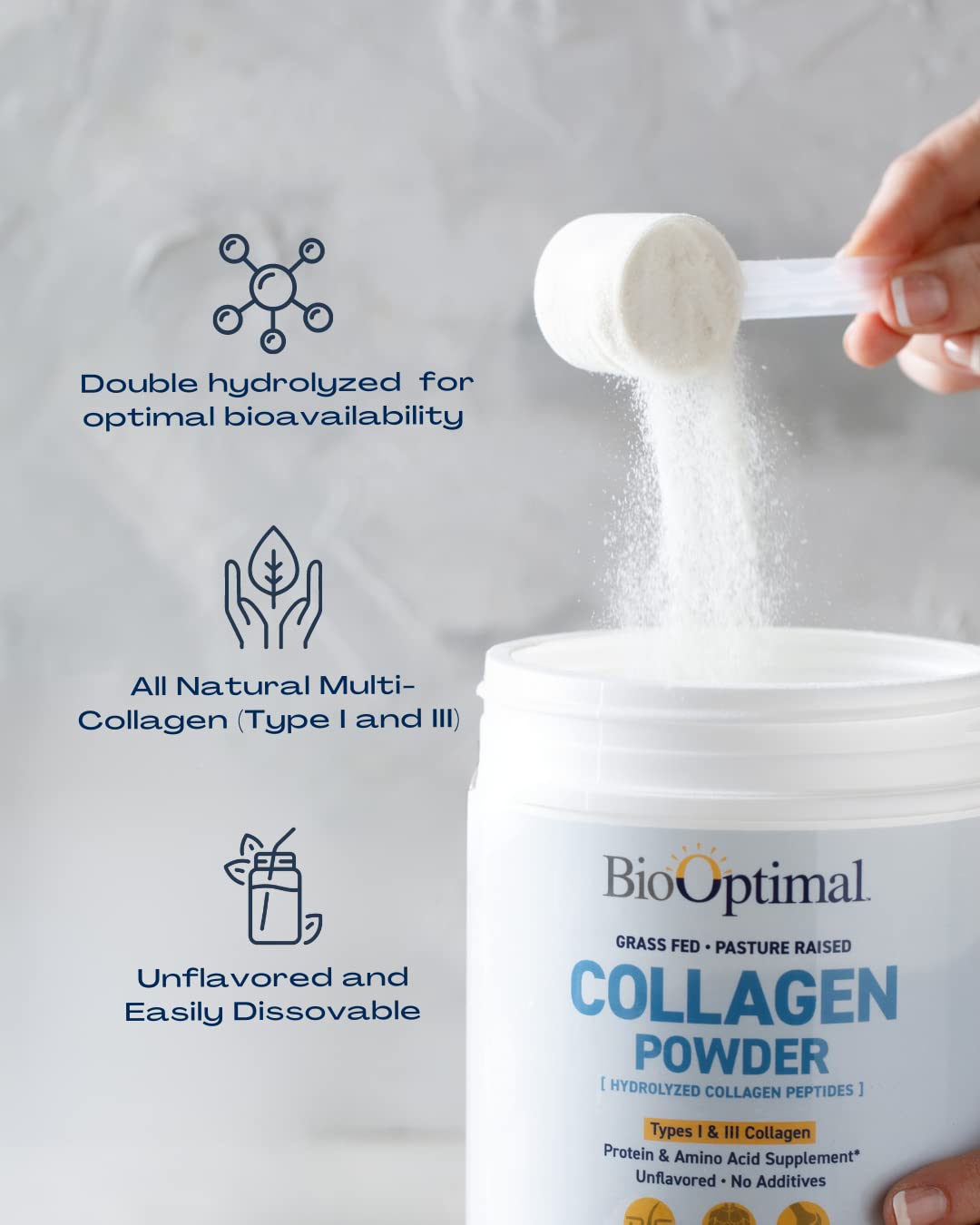 BioOptimal etiqueta nutricional visible, beneficio: transparencia en ingredientes