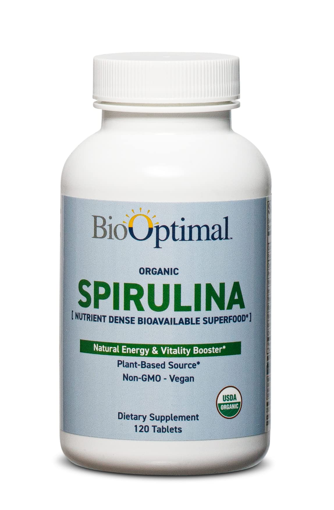 BioOptimal frasco frontal mostrando spirulina orgánica y 120 tabletas, conveniencia diaria