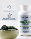 Polvo de spirulina orgánica usado para fabricar tabletas BioOptimal, origen natural visible