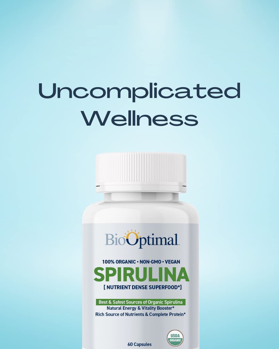 Detalle de tableta de spirulina BioOptimal para ver textura y compacidad, pureza garantizada