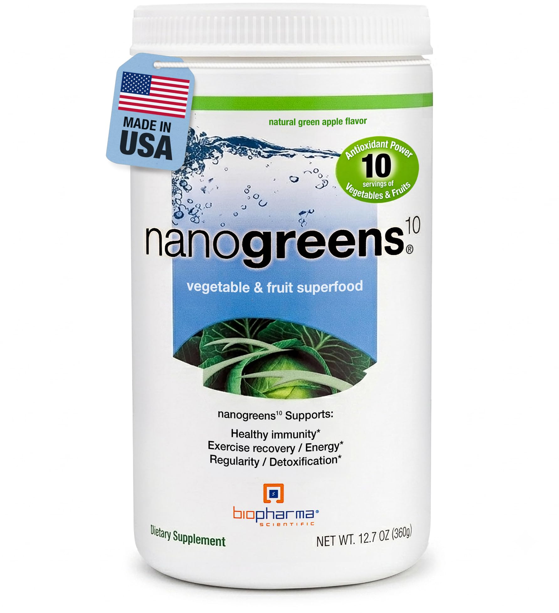 Biopharma Scientific envase NanoGreens frontal mostrando el diseño y beneficio diario