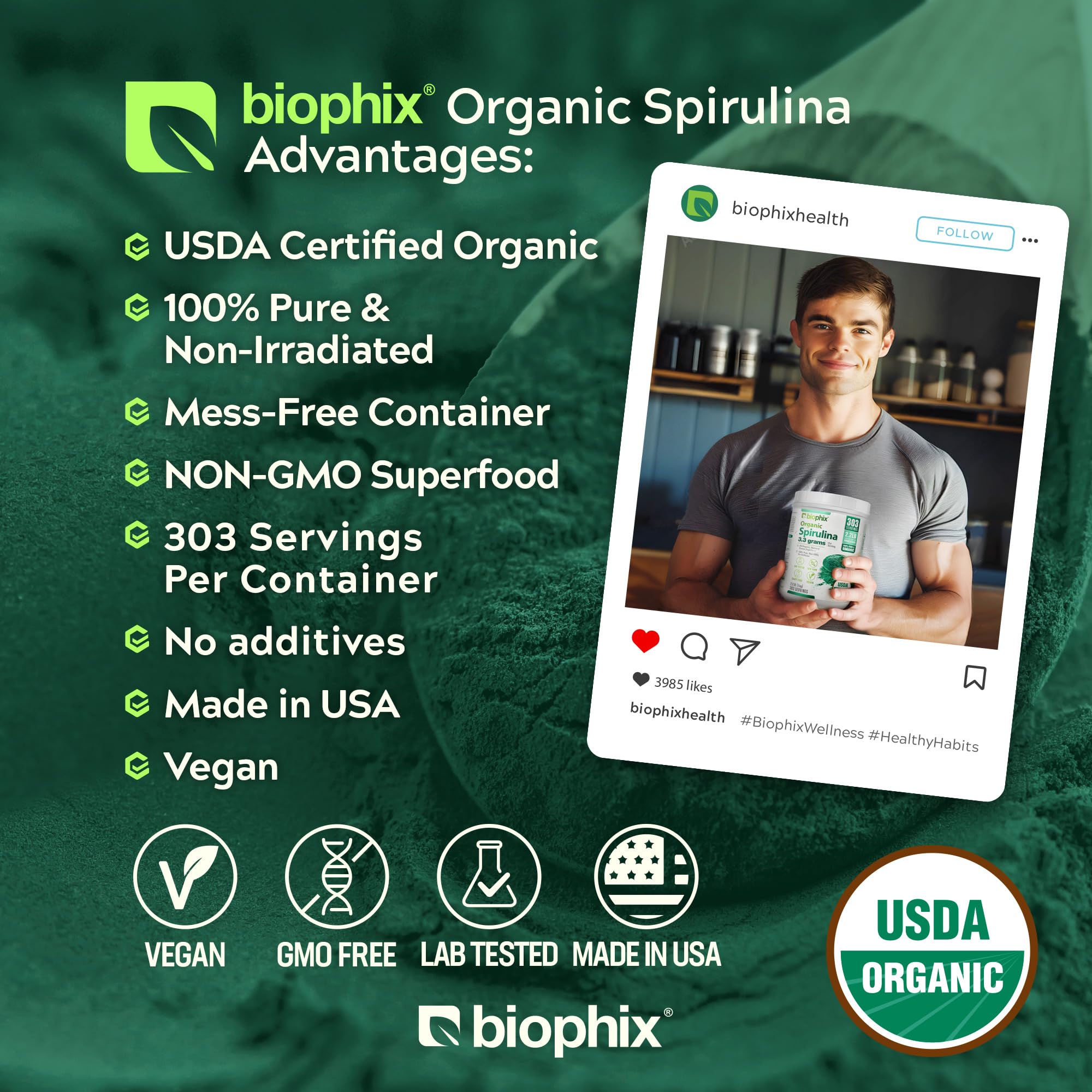 biophix espirulina en cuchara, porción conveniente y fácil uso