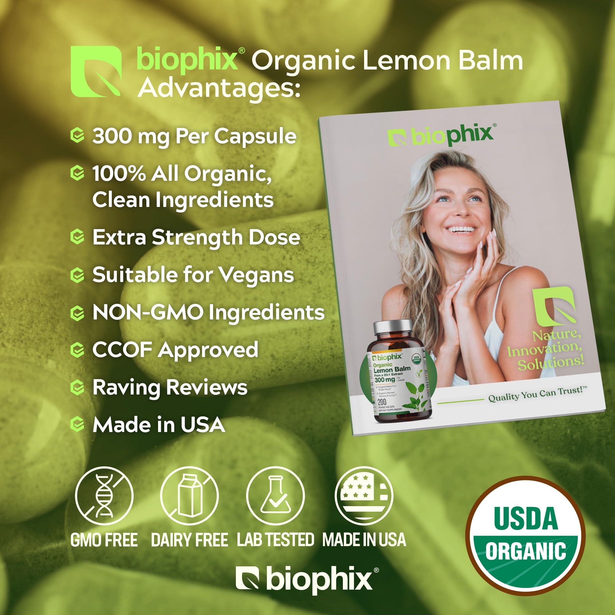 biophix etiqueta con sellos USDA Organic Non-GMO que transmite confianza