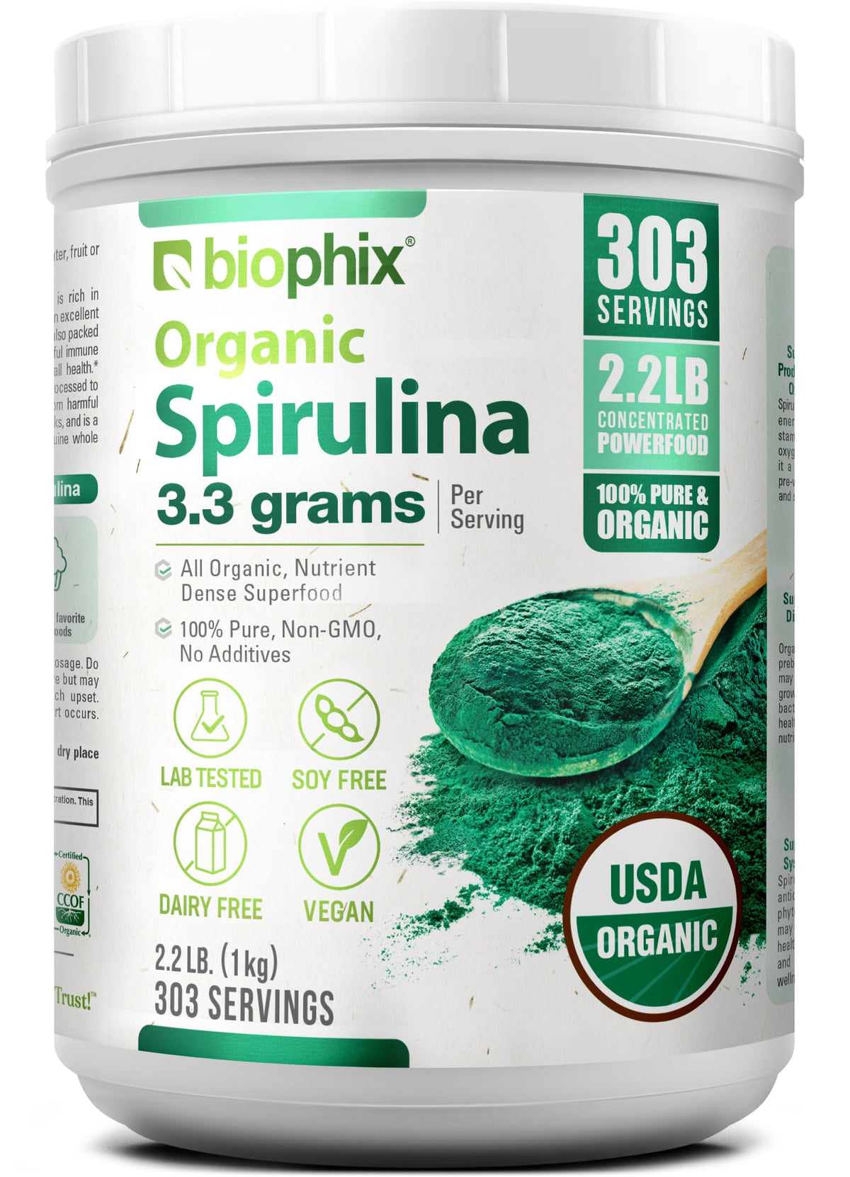 biophix frasco frontal de espirulina, visión clara del envase y marca