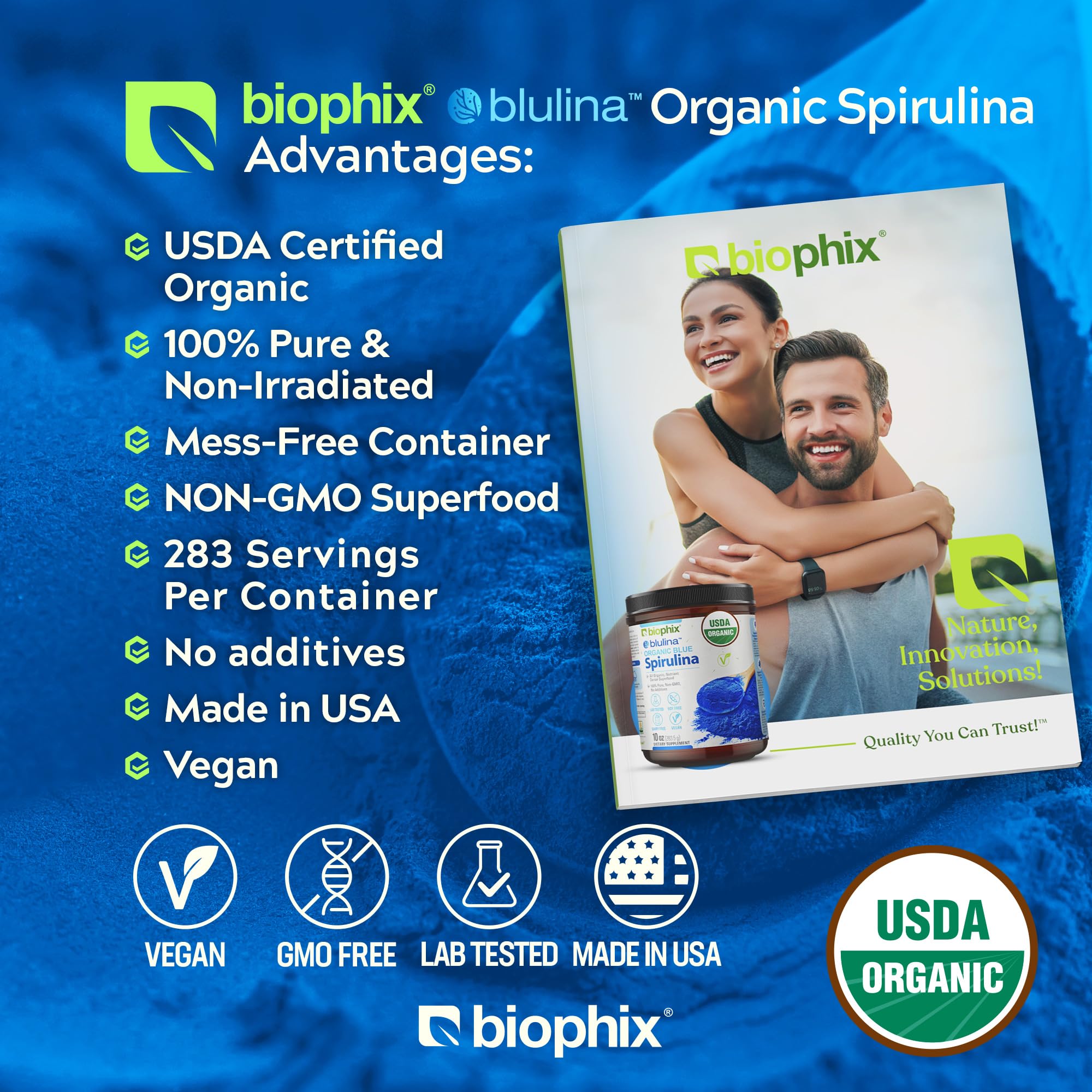 biophix polvo azul mostrado en primer plano, textura fina y color vibrante