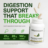 BiOptimizers MassZymes cápsula en mano para mostrar tamaño y conveniencia
