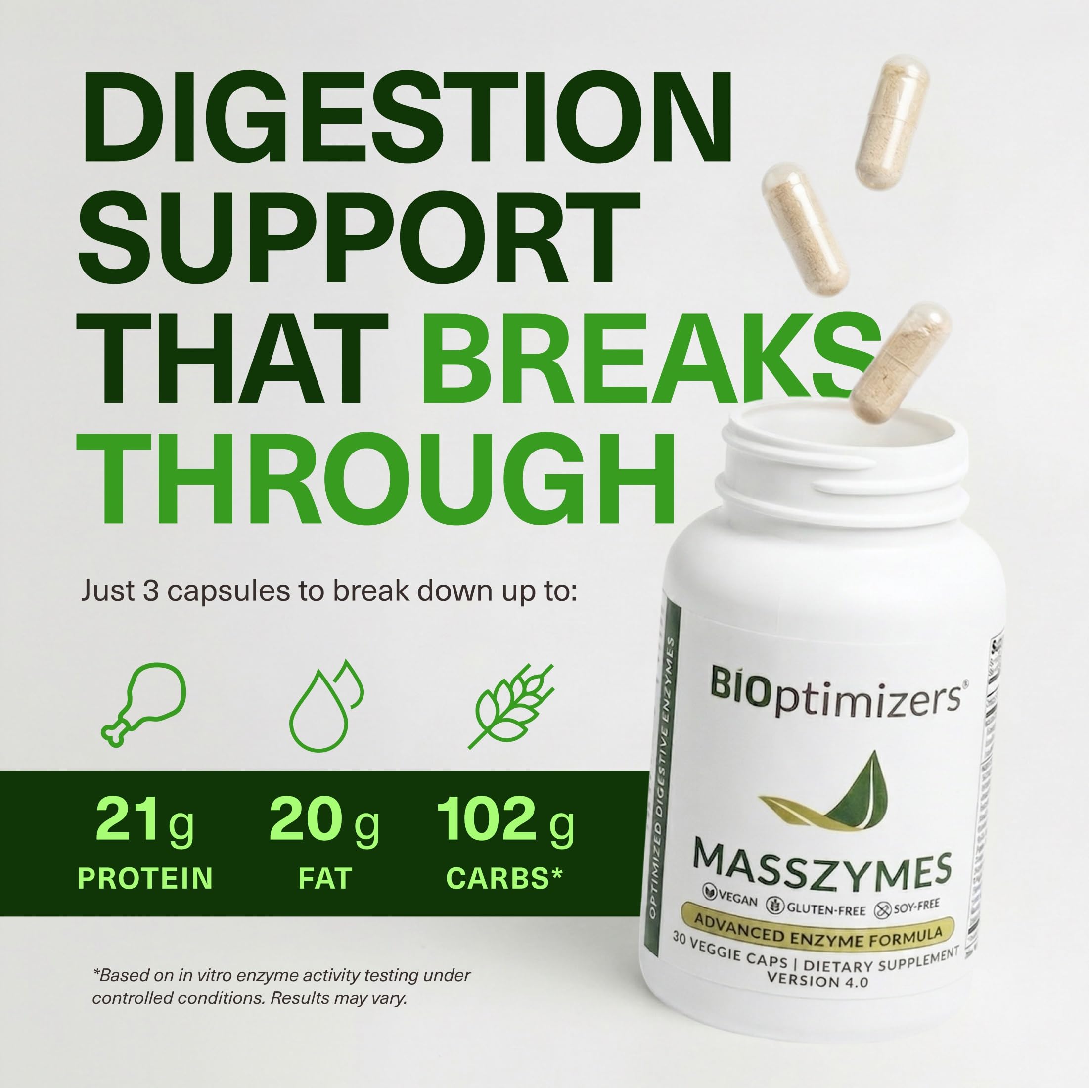 BIOptimizers MassZymes etiqueta con lista de enzimas, transparencia en formulación