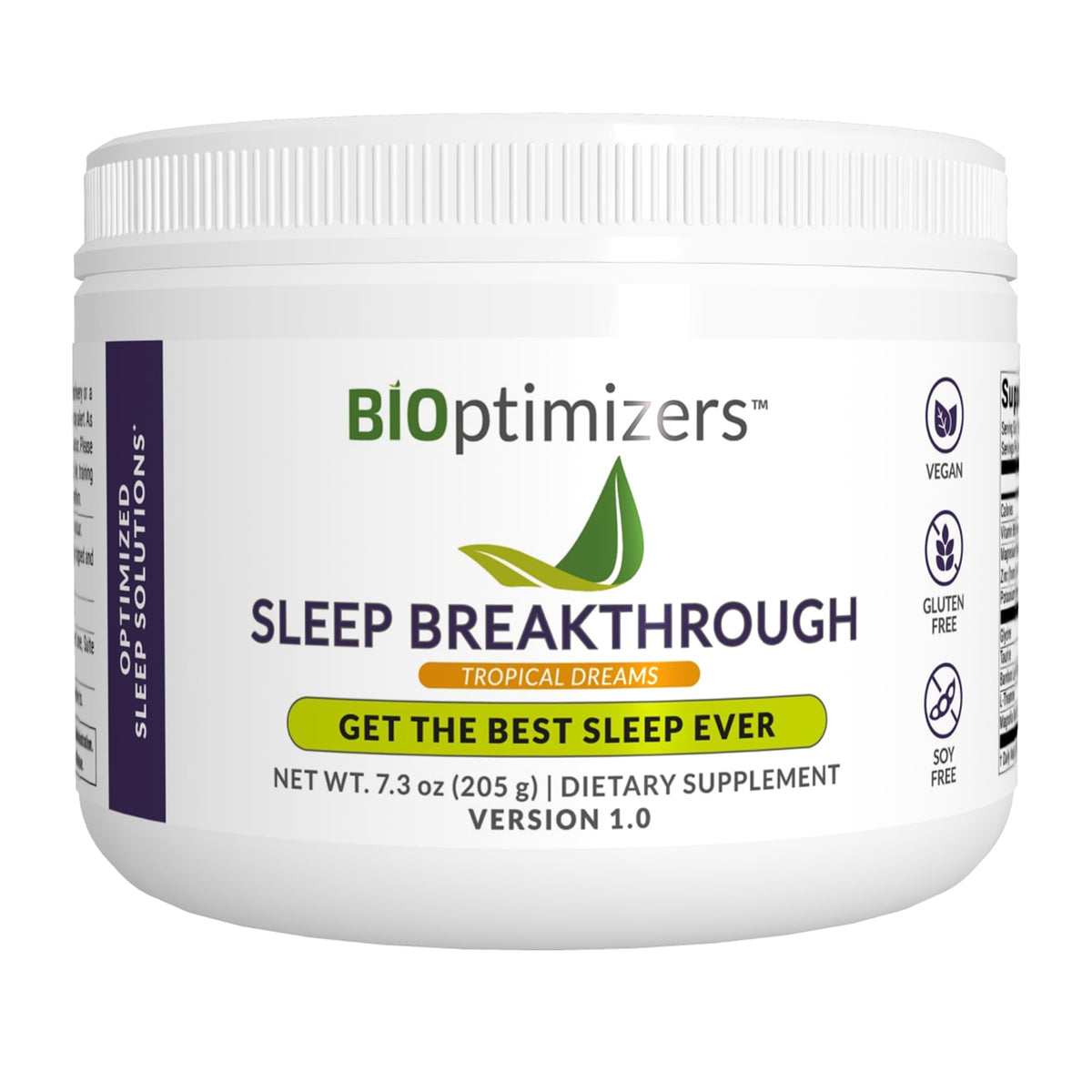 BIOptimizers envase frontal Sleep Breakthrough mostrando sabor Tropical Dreams y beneficios