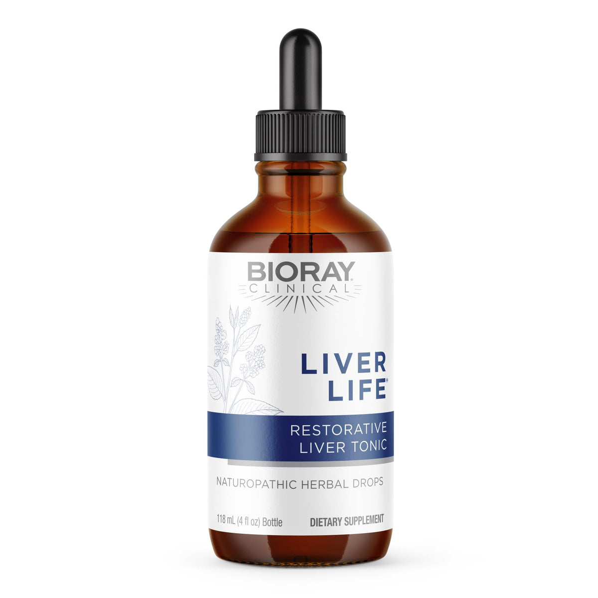 BIORAY frasco frontal con etiqueta clara, presenta beneficios y formato 4 fl oz
