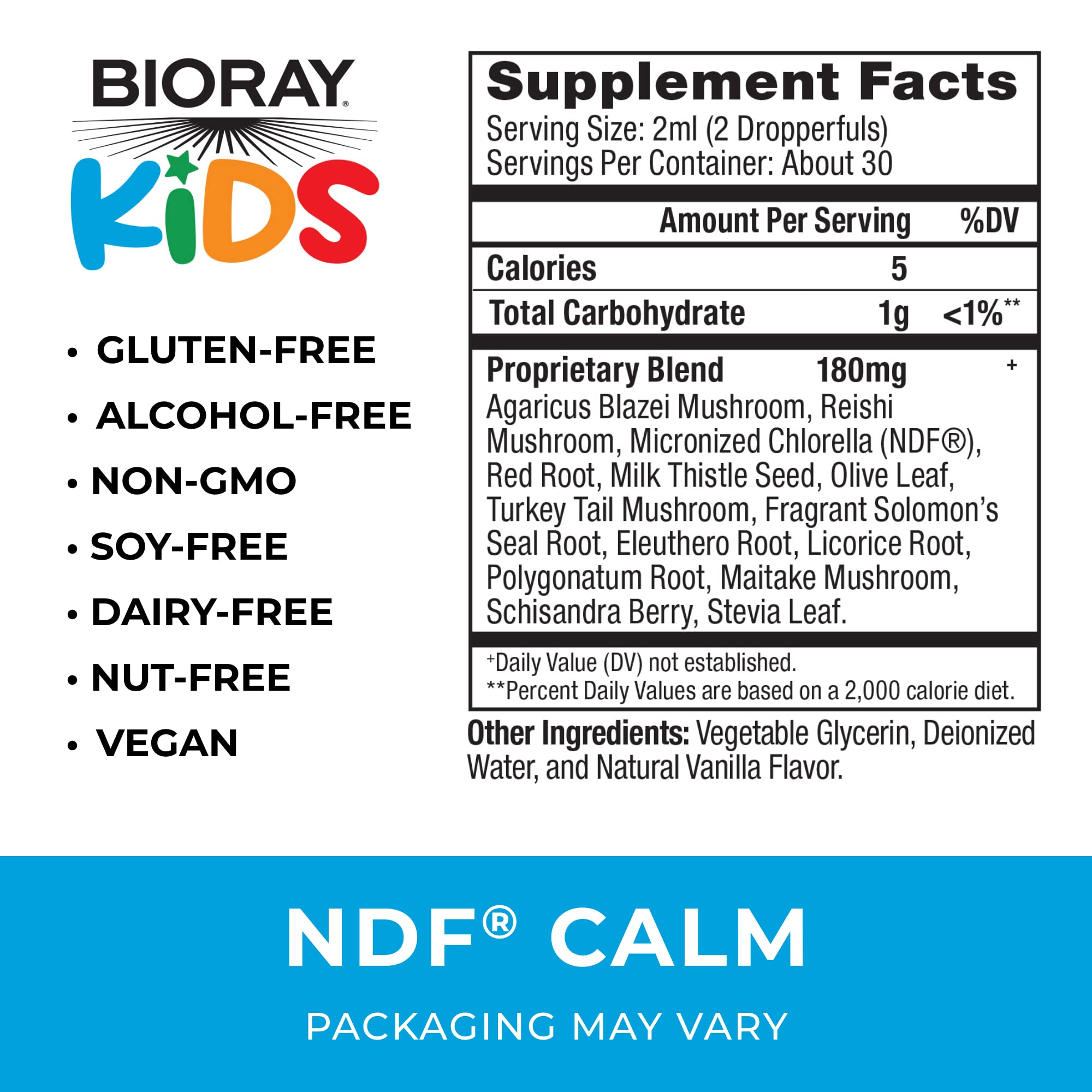 BIORAY Kids NDF Calm gota de líquido en cuchara resaltando textura suave y sabor vainilla