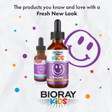 BIORAY Kids NDF Happy madre administrando gotas a niño, apoyo suave al bienestar infantil