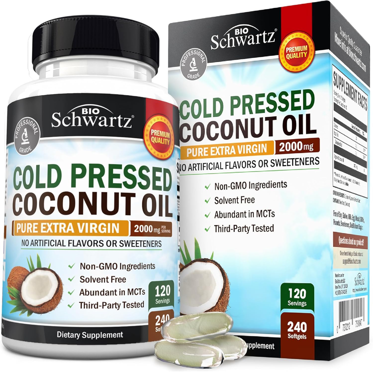 BioSchwartz botella frontal de cápsulas de aceite de coco, conveniencia diaria