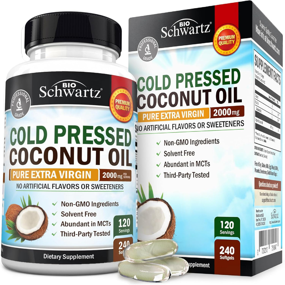BioSchwartz botella frontal de cápsulas de aceite de coco, conveniencia diaria
