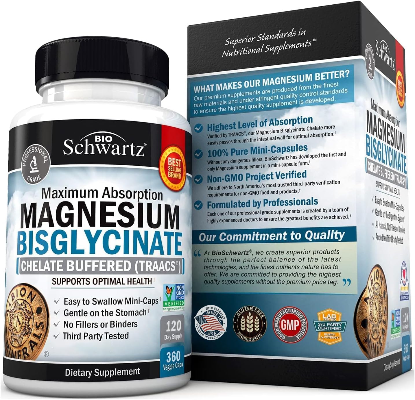 BioSchwartz frasco abierto con 360 cápsulas mostrando el contenido
