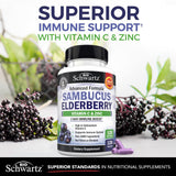 Ingredientes naturales como saúco y vitamina C junto al frasco BioSchwartz