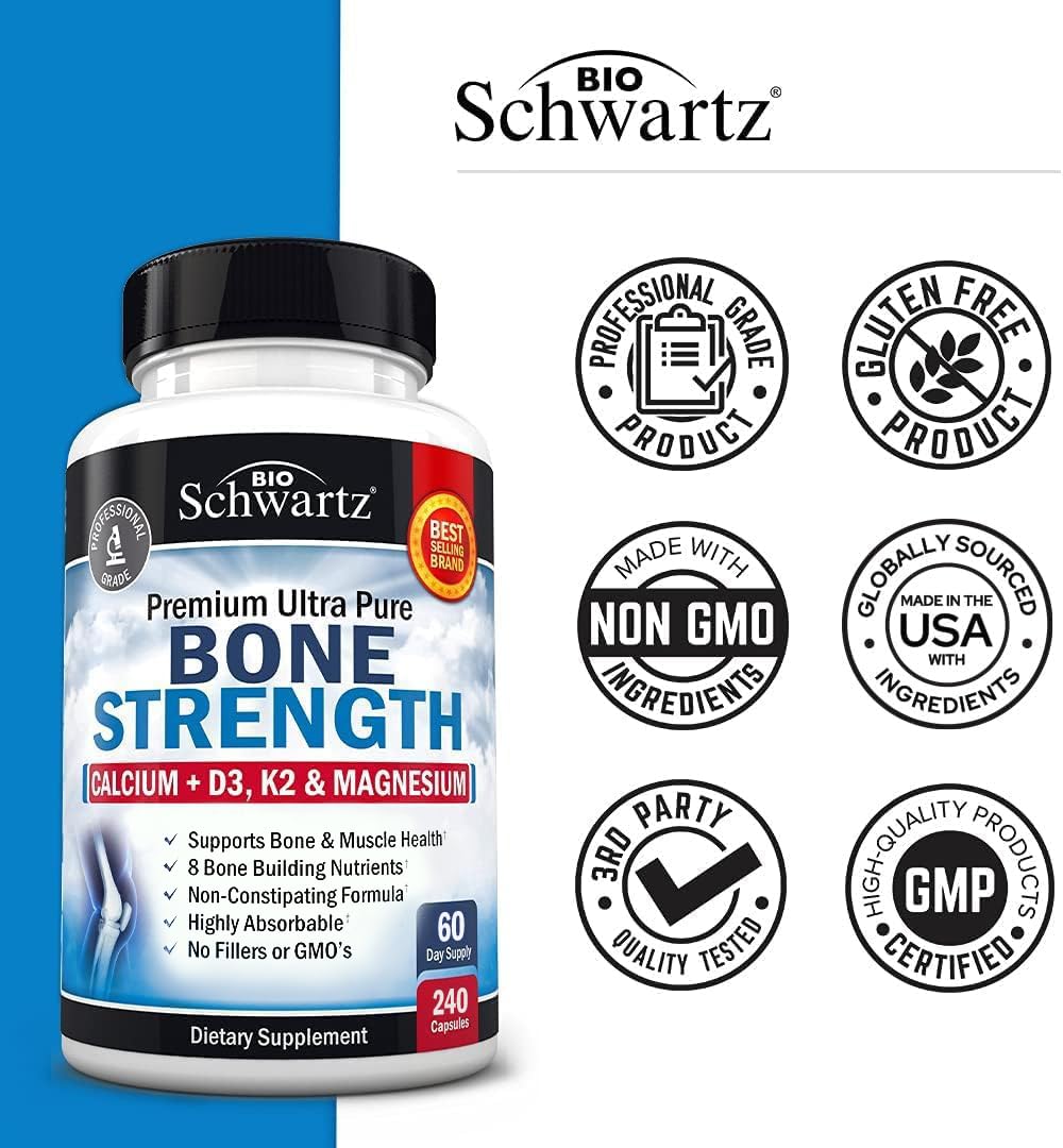 BioSchwartz escena lifestyle con ejercicio y suplemento para apoyar salud ósea activa