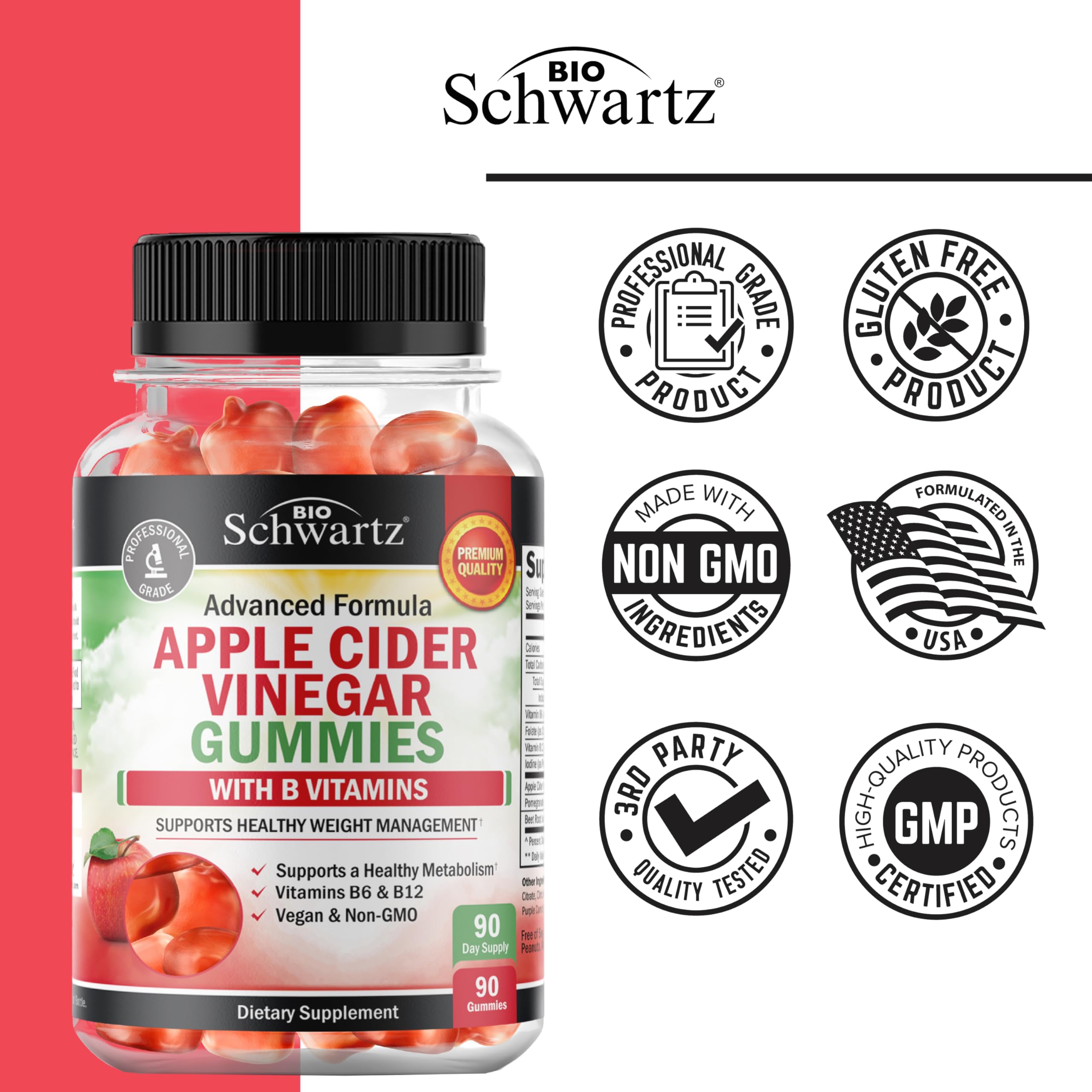 Detalle de etiqueta BioSchwartz con ingredientes y vitaminas B, transparencia informativa