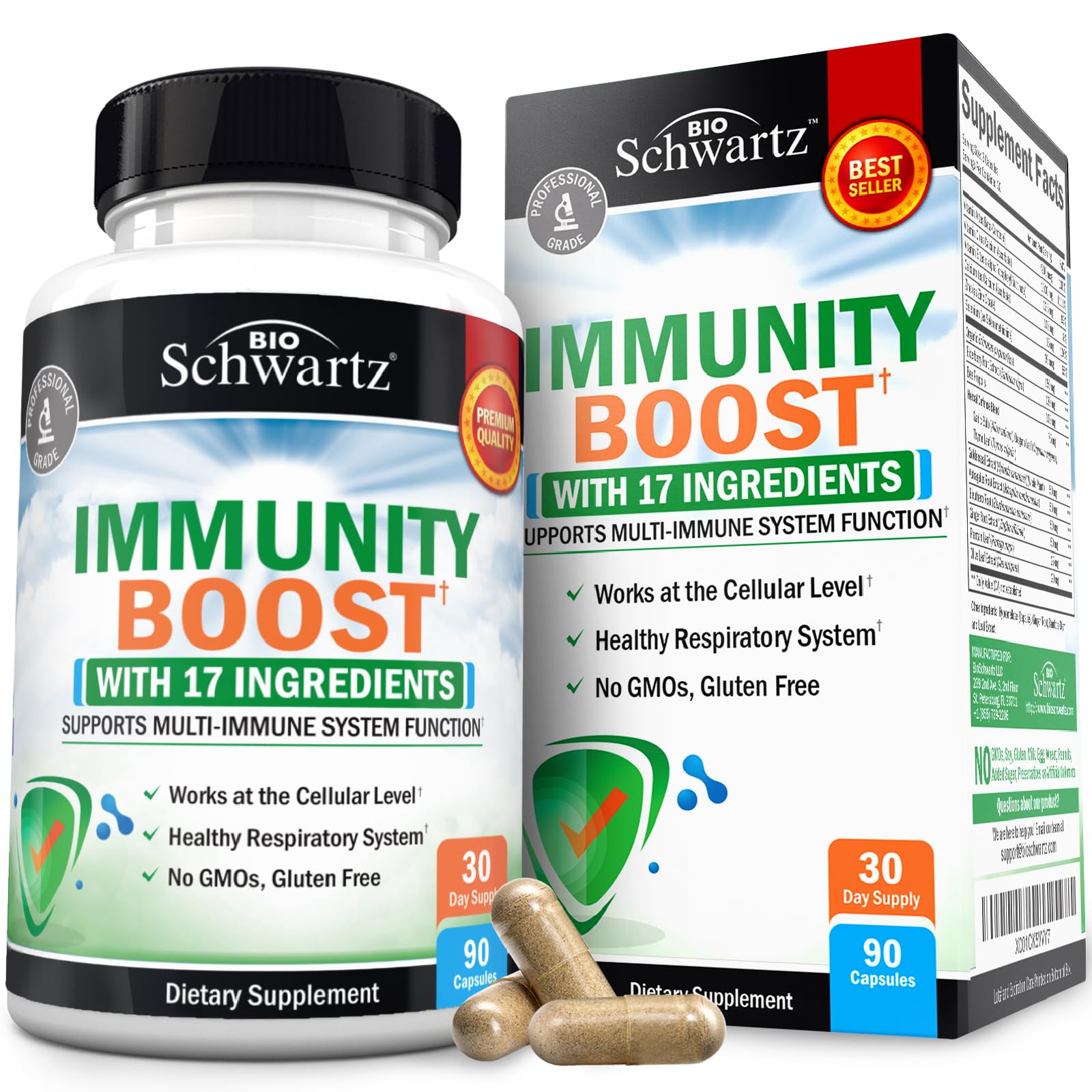 Envase BioSchwartz Immune Support vista frontal mostrando diseño y cantidad