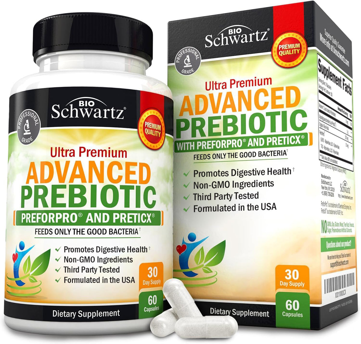 BioSchwartz frente del envase mostrando fórmula prebiótica y beneficio digestivo