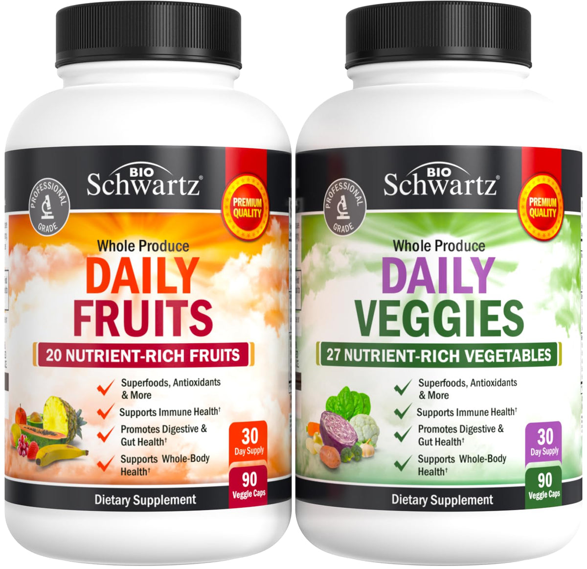 BioSchwartz envase frontal mostrando suplemento de frutas y verduras beneficios prácticos