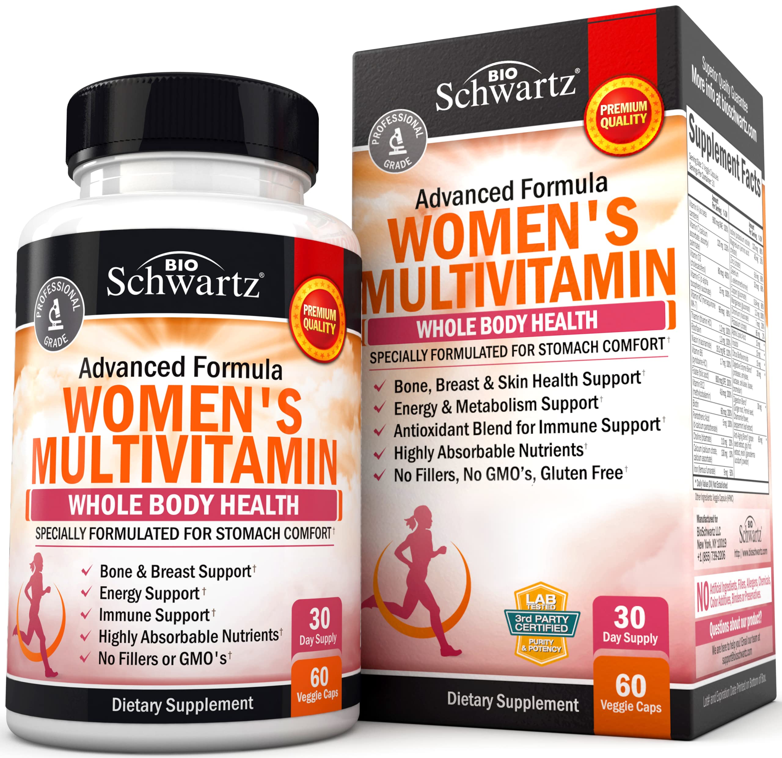 BioSchwartz envase frontal multivitaminas mujer mostrando etiqueta y beneficios