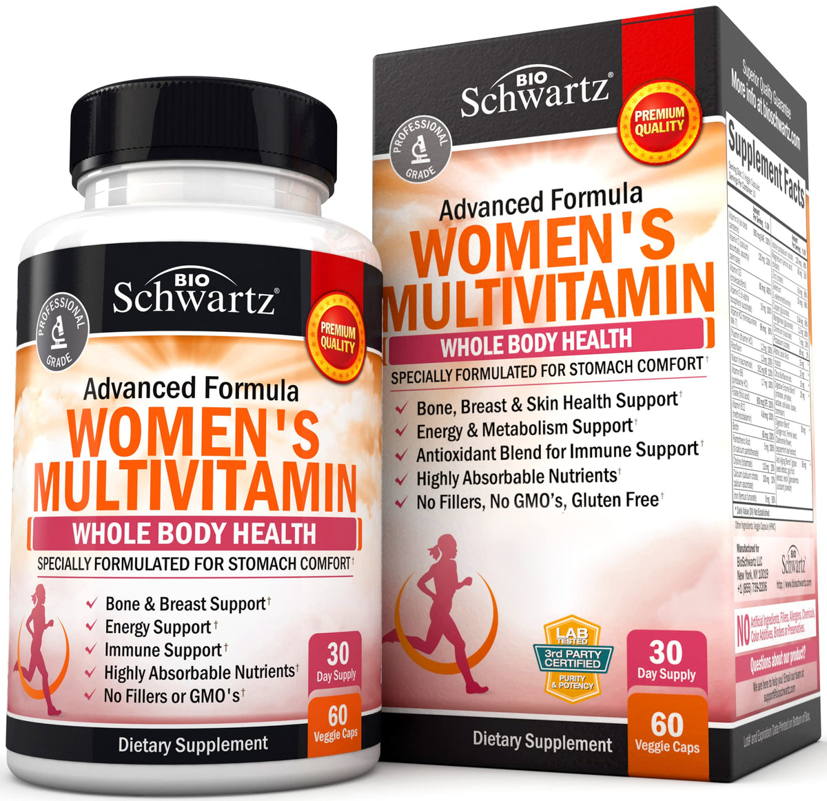BioSchwartz envase frontal multivitaminas mujer mostrando etiqueta y beneficios