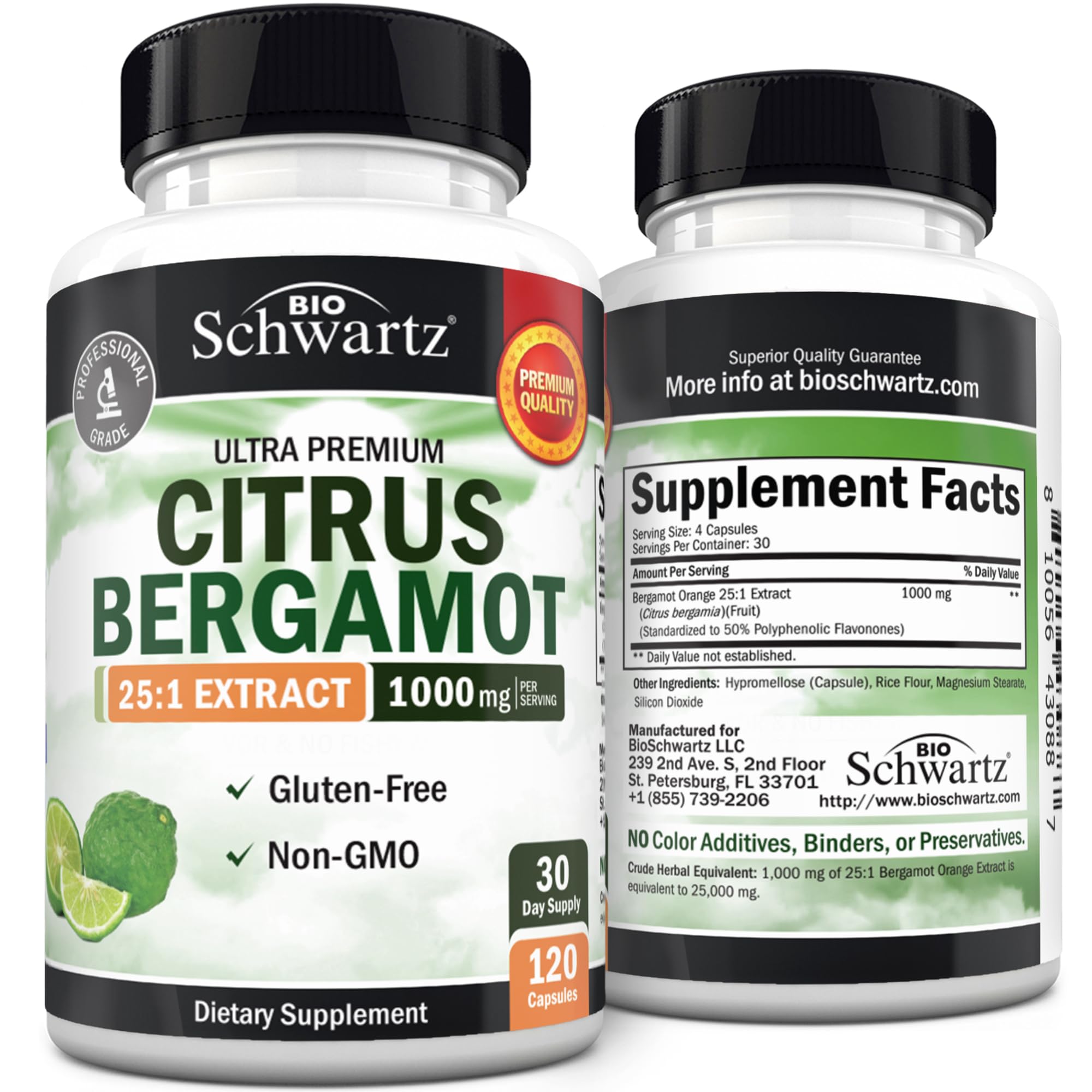 BioSchwartz envase frontal de Citrus Bergamot 1000 mg, claridad de dosis y formato