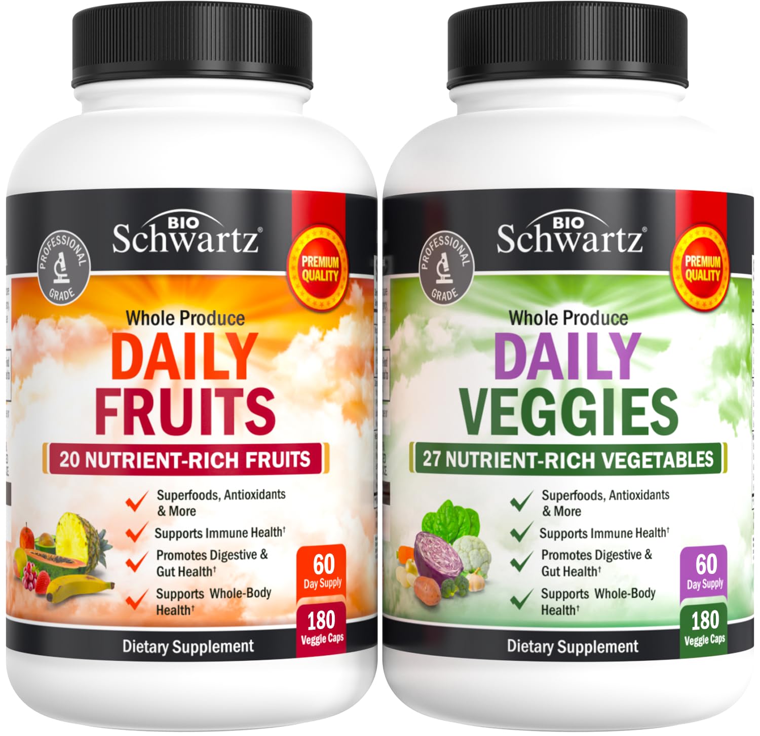 Botellas BioSchwartz frontal mostrando 2 frascos y beneficios de variedad vegetal