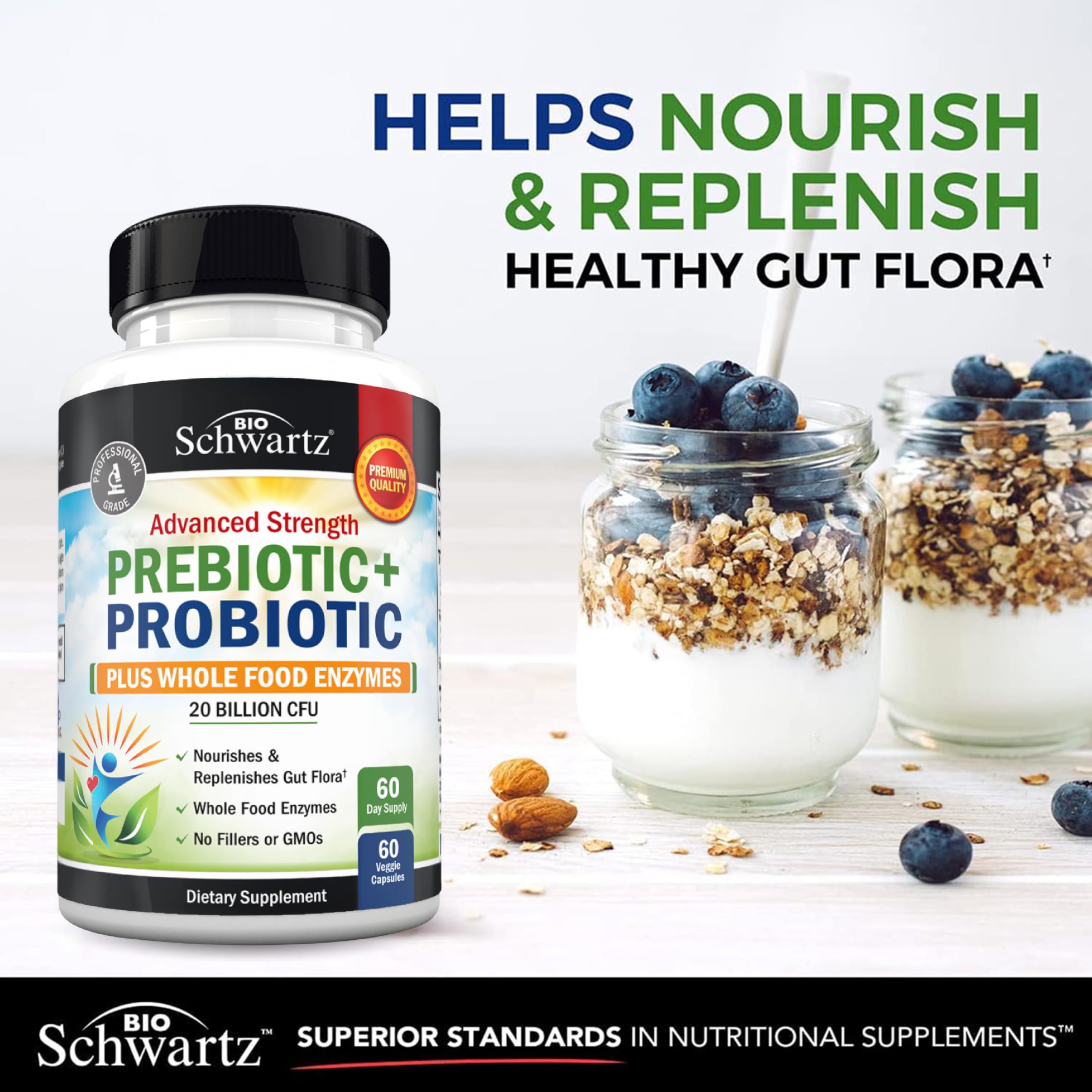BioSchwartz cápsula abierta con polvo que muestra ingredientes probióticos y prebióticos