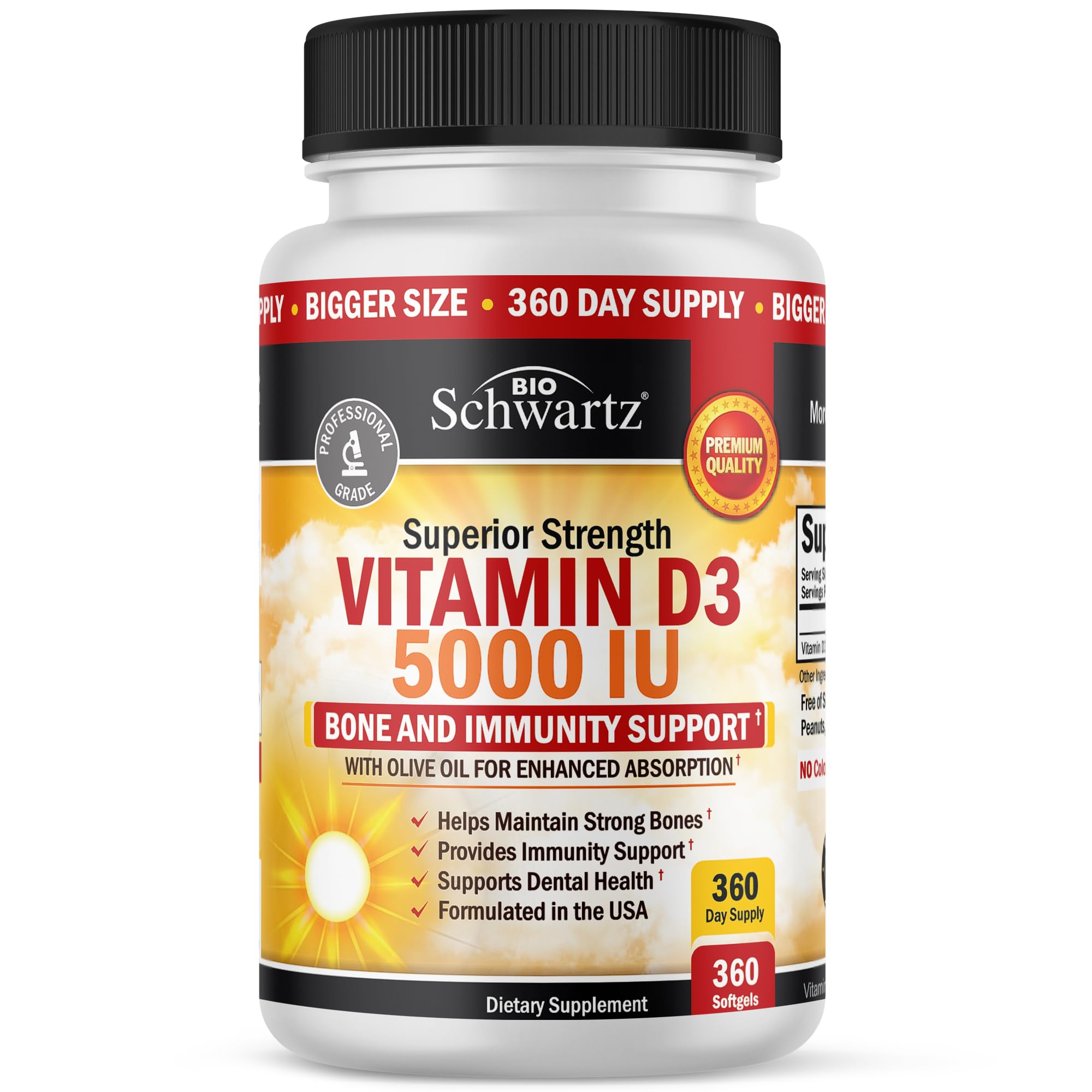 BioSchwartz envase frontal mostrando 360 softgels y beneficios visibles