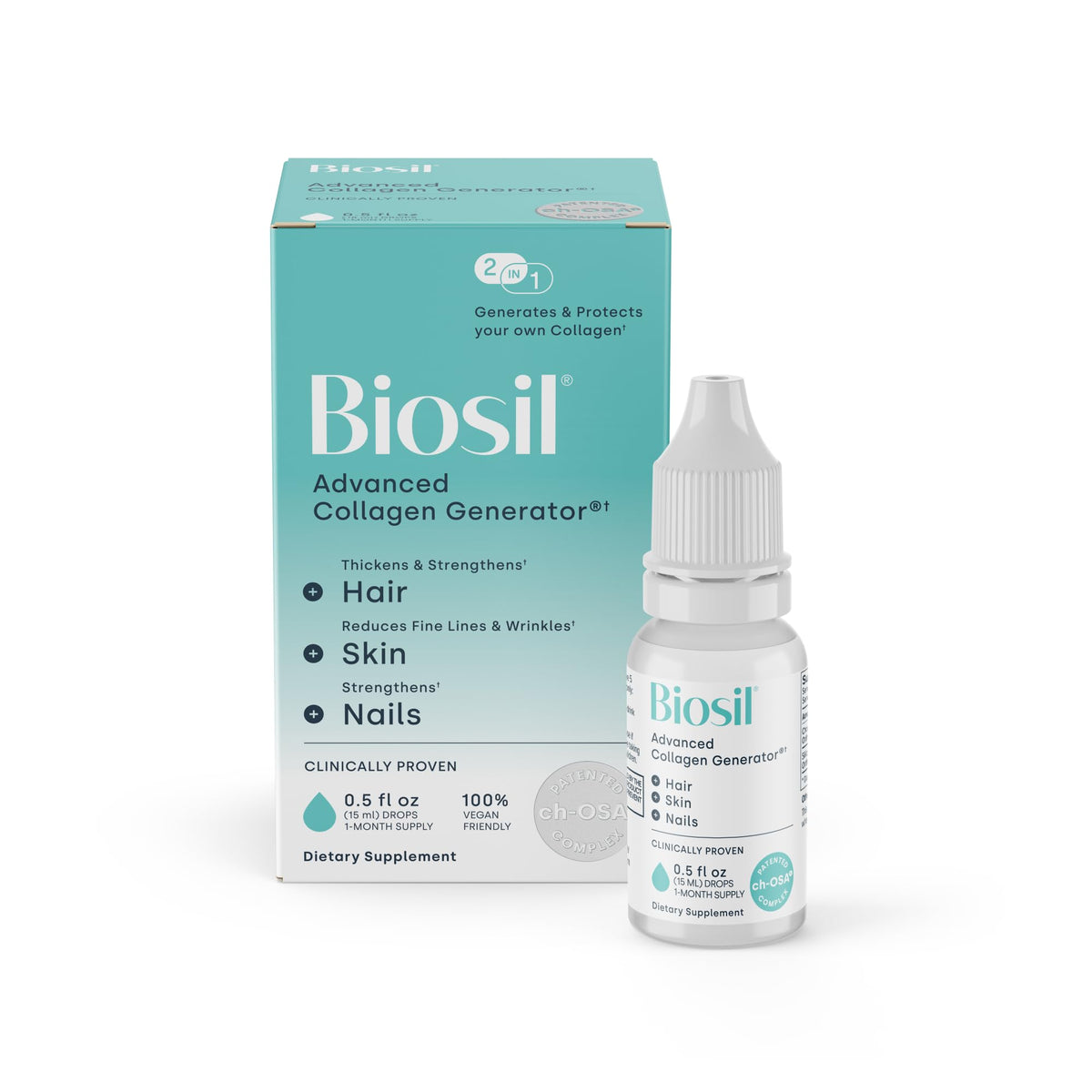 Biosil frasco frontal mostrando el diseño y tamaño, aporta confianza visual