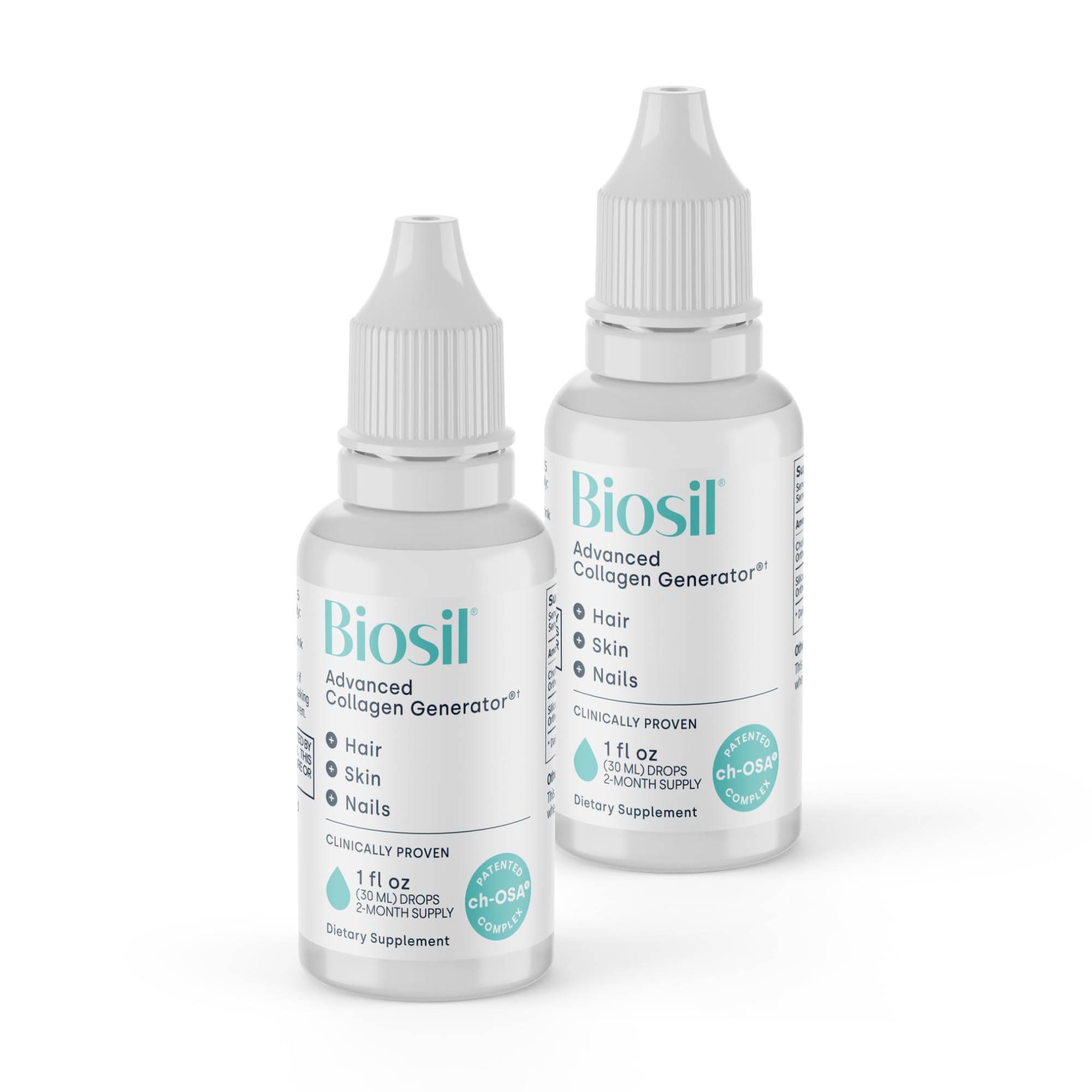 Biosil vista frontal del pack de dos frascos, solución práctica y portátil