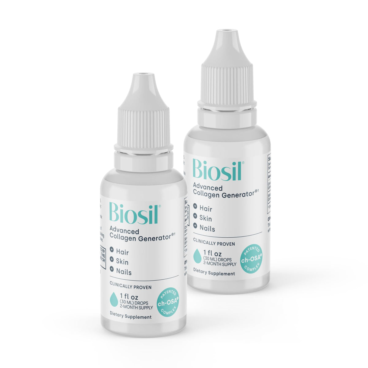 Biosil vista frontal del pack de dos frascos, solución práctica y portátil