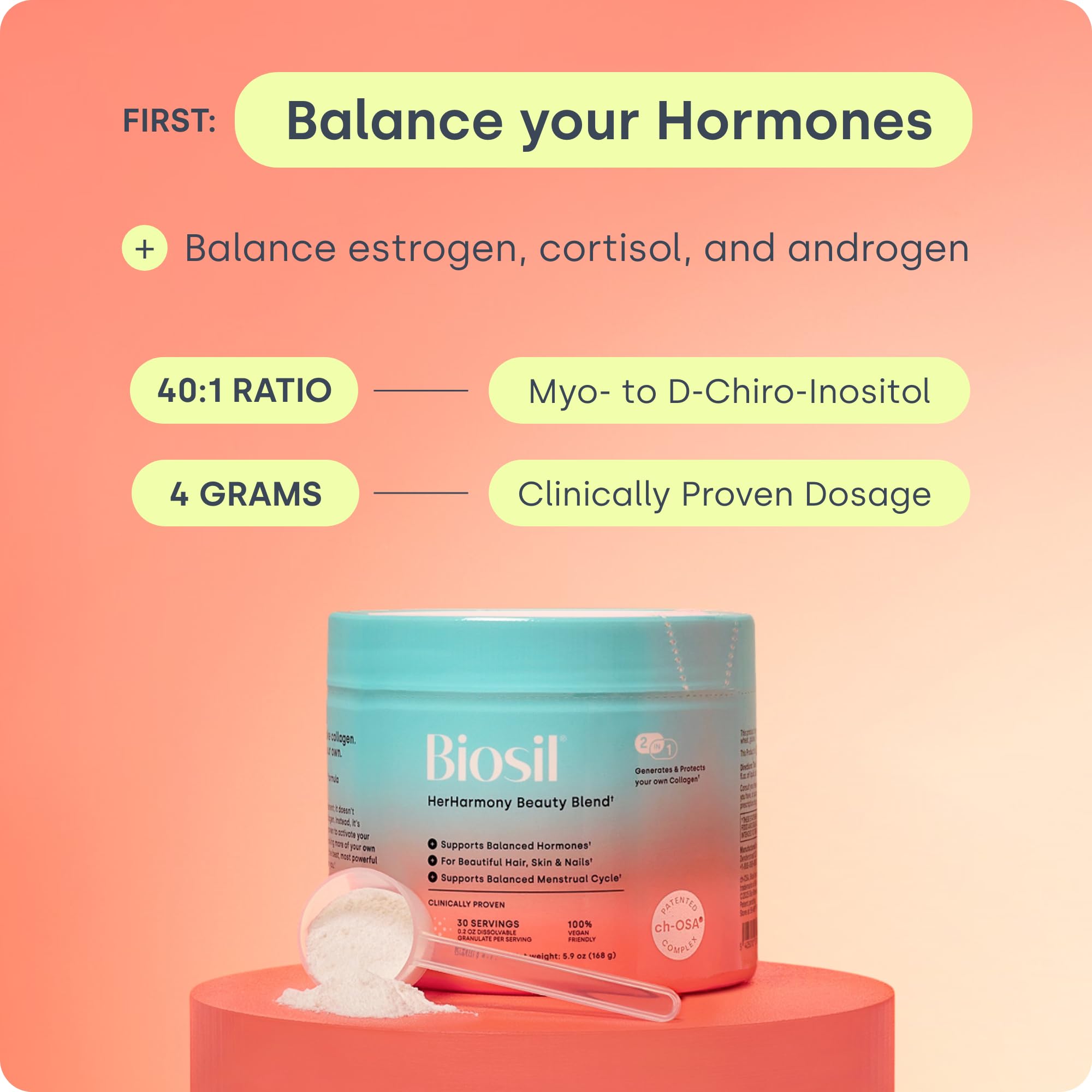Biosil tarro abierto con cuchara medidora indicando la dosis diaria fácil