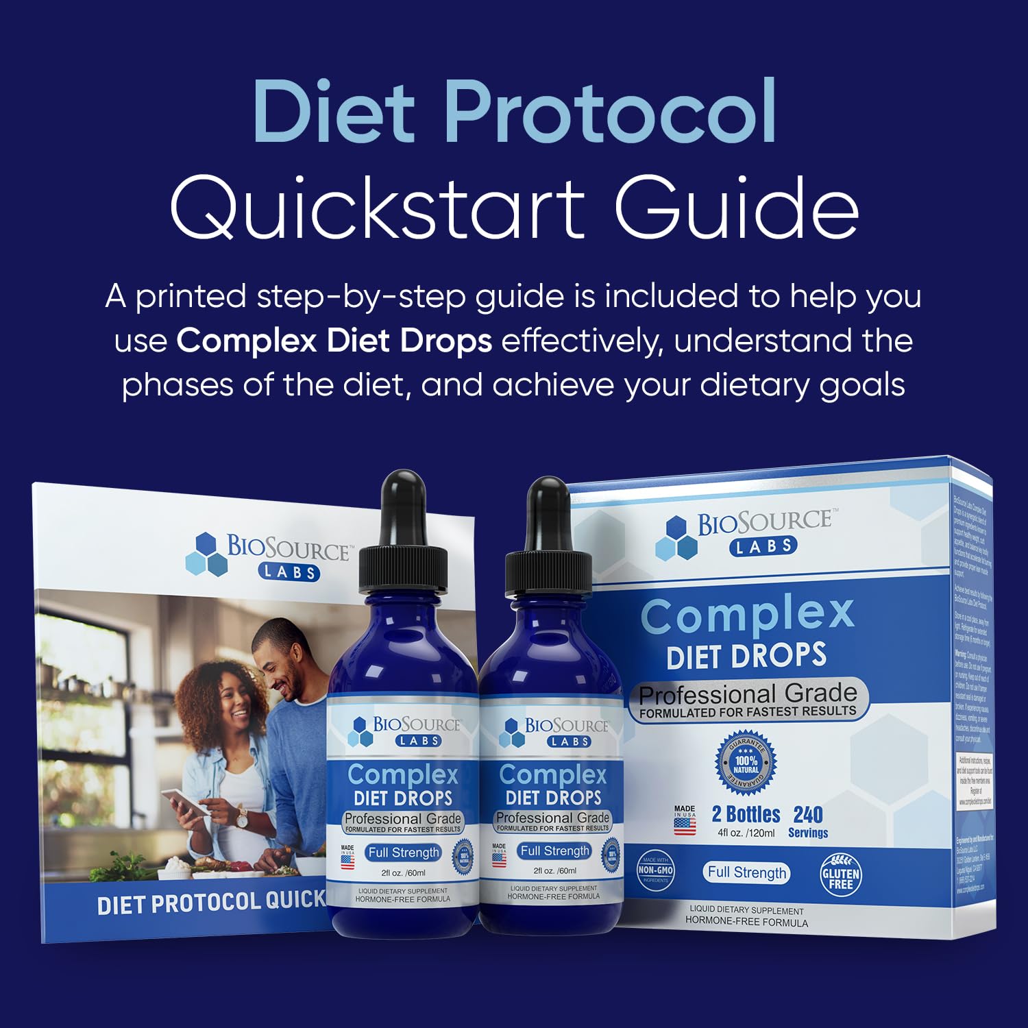 BioSource Labs persona aplicando gotas como soporte en dieta controlada