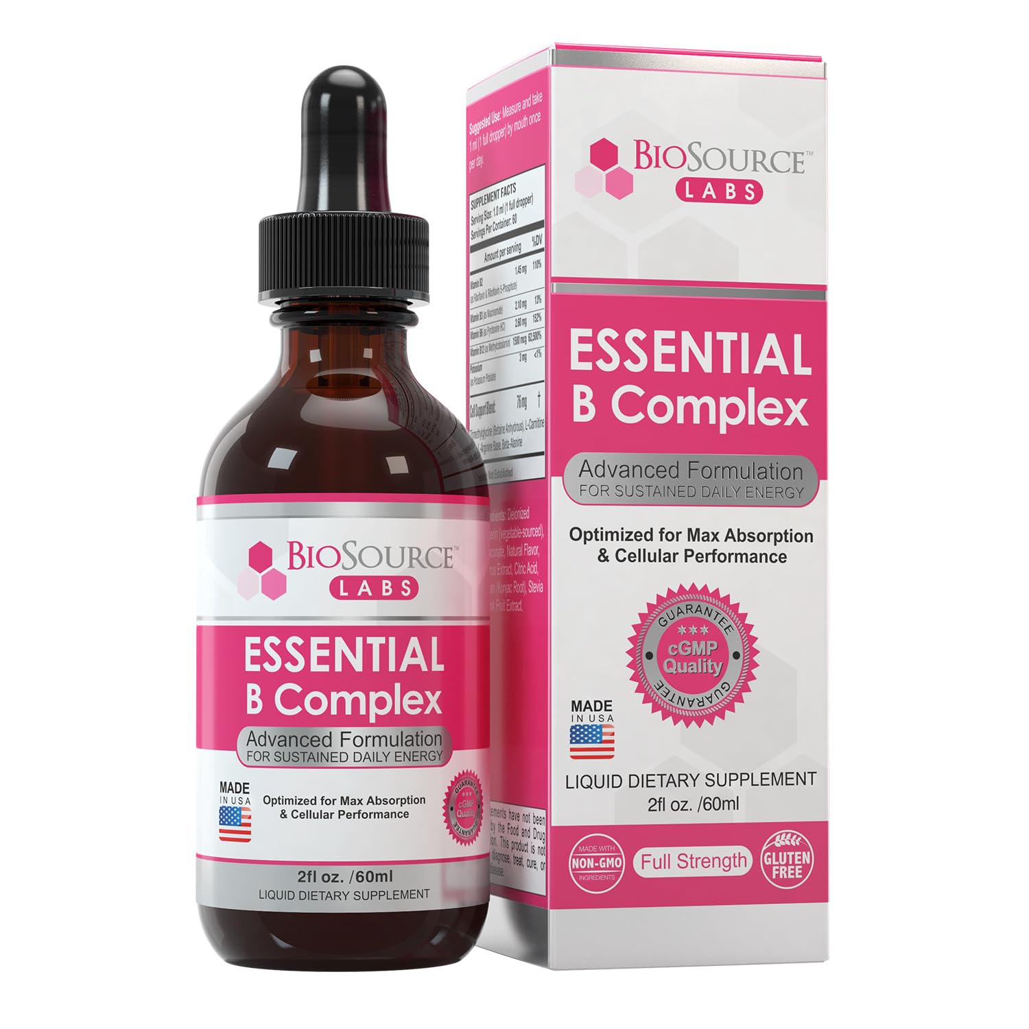 BioSource Labs botella frontal mostrando diseño y tamaño con beneficios de conveniencia