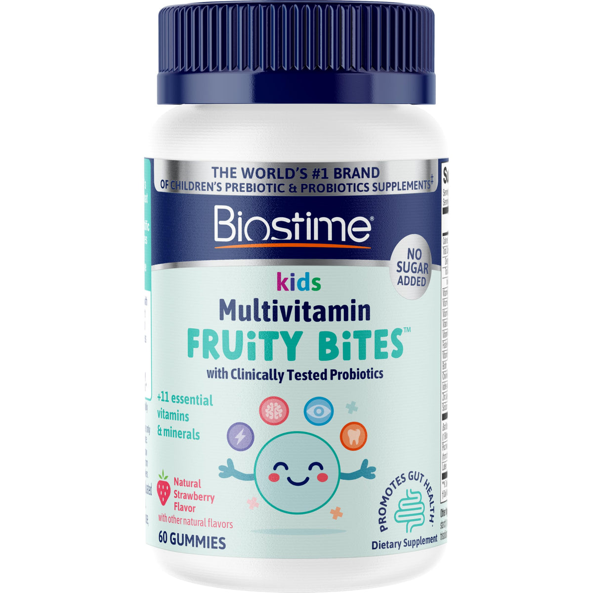 Biostime frasco frontal mostrando etiqueta visible y beneficio de vitaminas