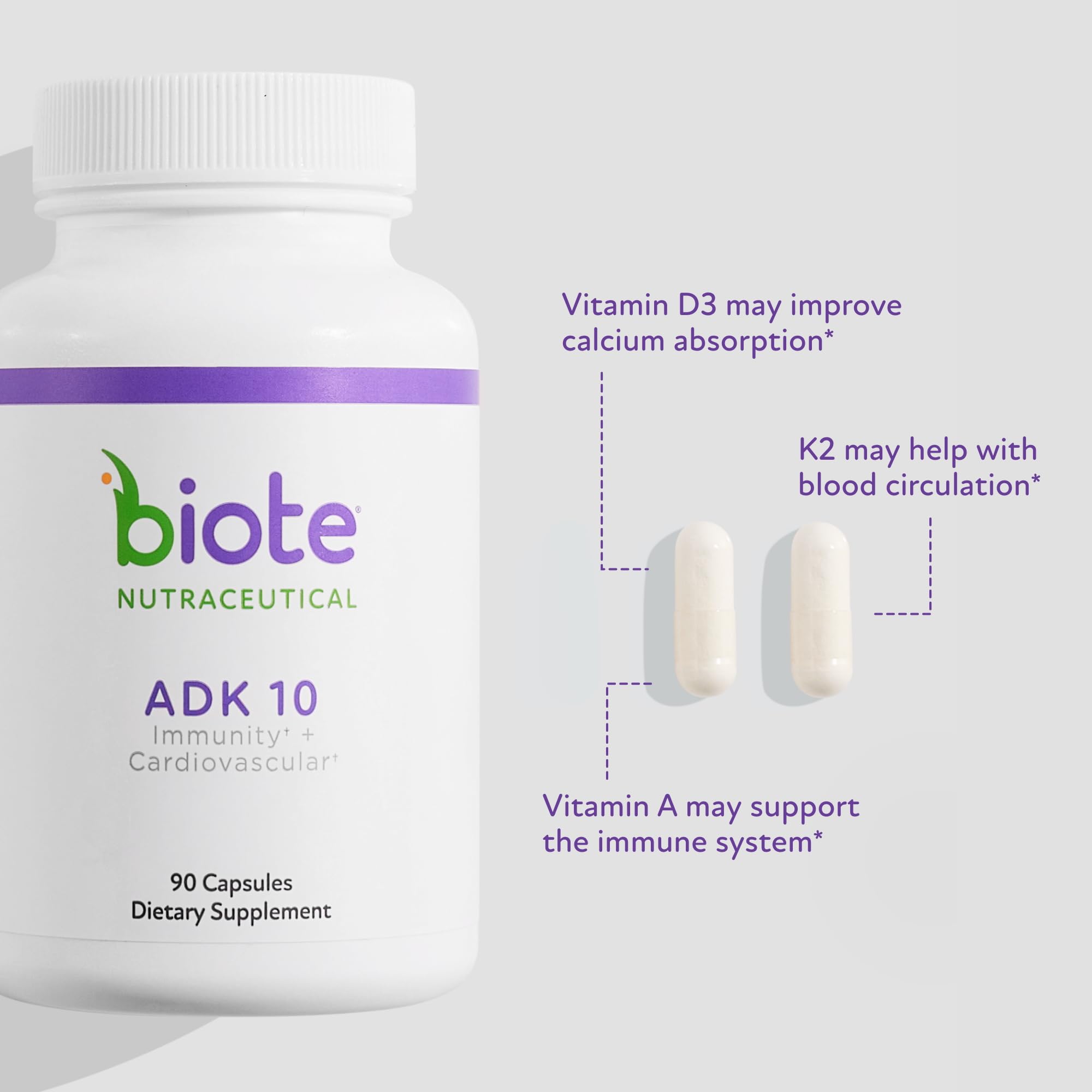 Biote ADK 10 cápsula en primer plano destacando fácil ingestión y pureza