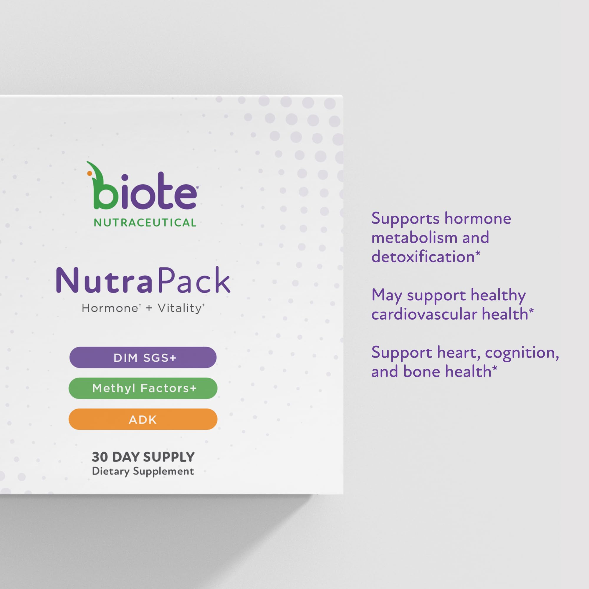 Biote NutraPack contenidos del sobre con mezcla y cápsulas, mostrando composición clara
