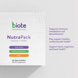 Biote NutraPack contenidos del sobre con mezcla y cápsulas, mostrando composición clara
