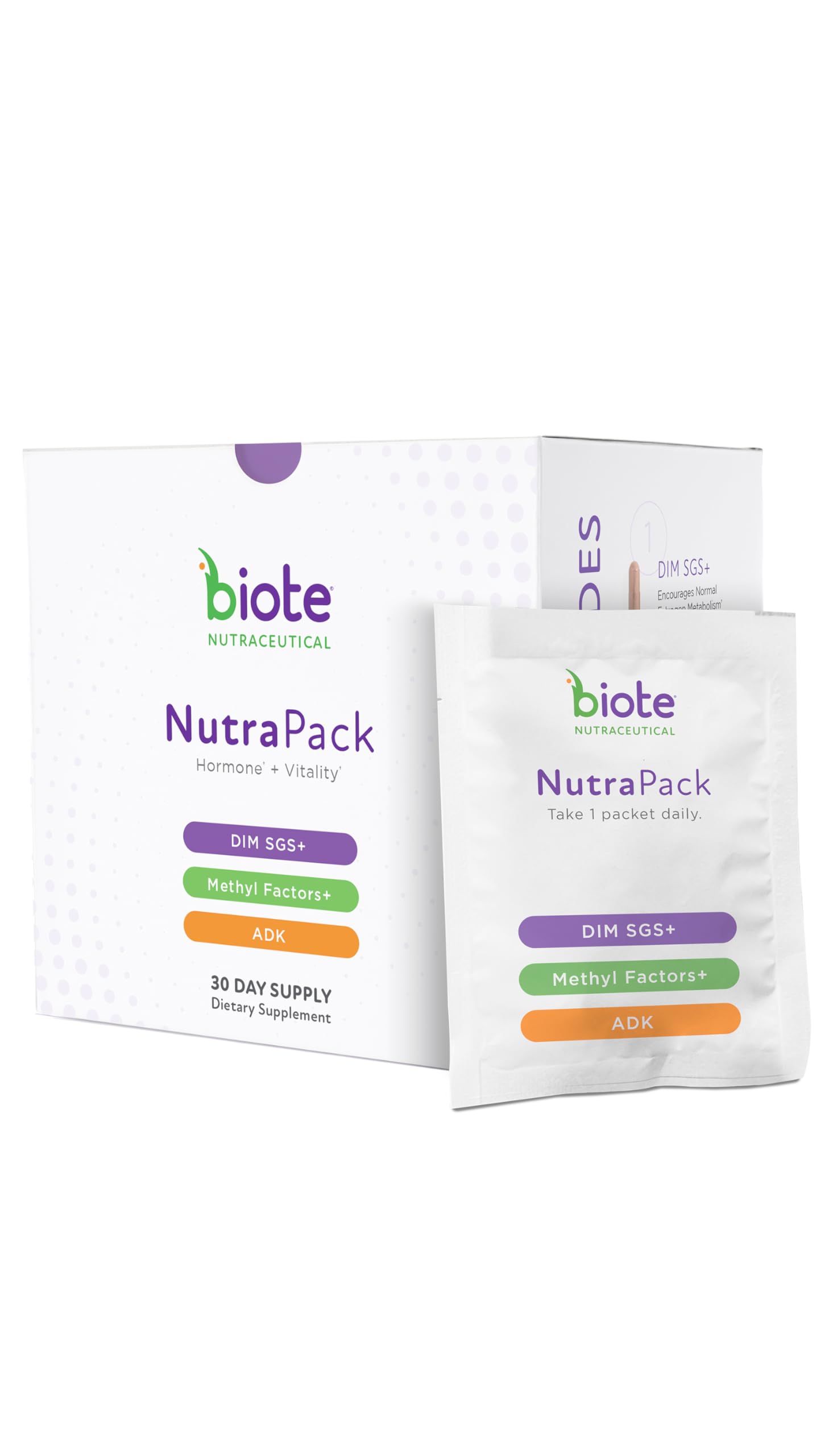 Biote NutraPack frente del empaque mostrando presentación de 30 días y conveniencia