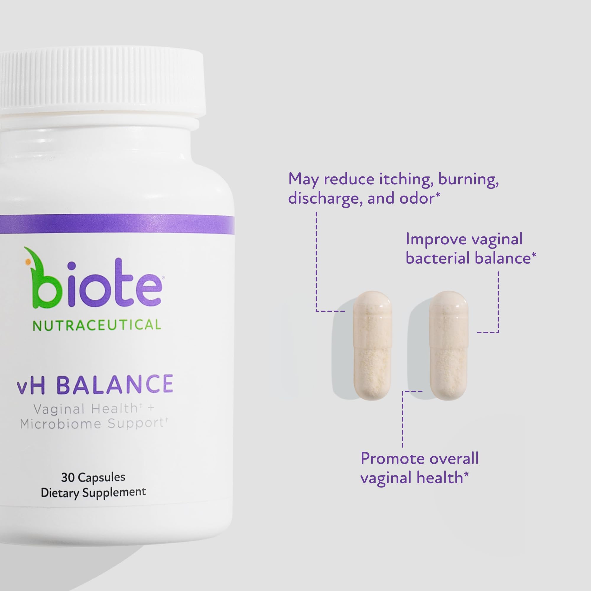 Biote vH Balance cápsulas en primer plano que muestran forma y recubrimiento, fácil ingesta