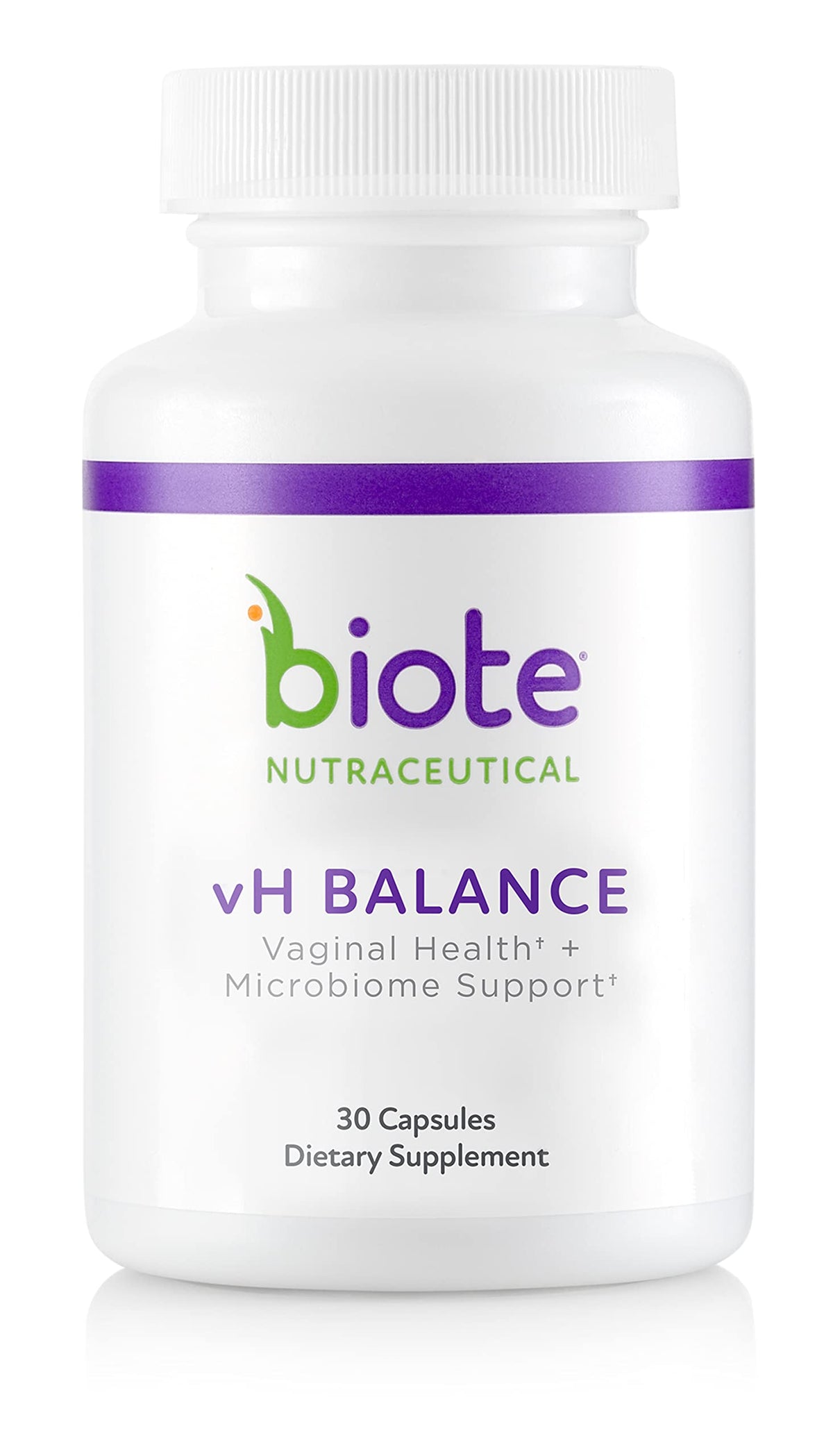 Biote vH Balance frente del paquete mostrando diseño y nombre del producto, soporte para microbioma