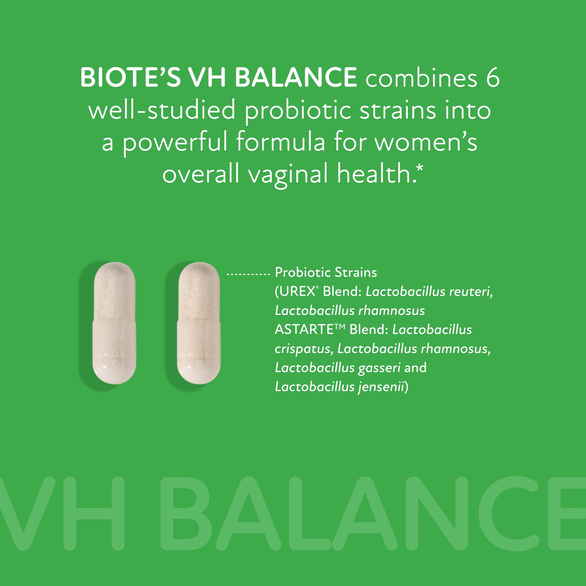 Ingredientes naturales de Biote vH Balance en textura visual, enfoque en apoyo al equilibrio vaginal
