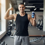 Biotech Labs Shilajit producto junto a accesorios deportivos que sugiere energía y recuperación