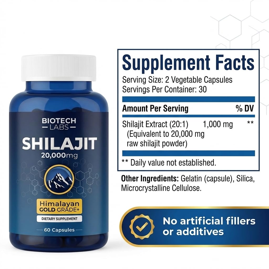 Biotech Labs Shilajit cápsula en mano para comparar tamaño y dosificación práctica