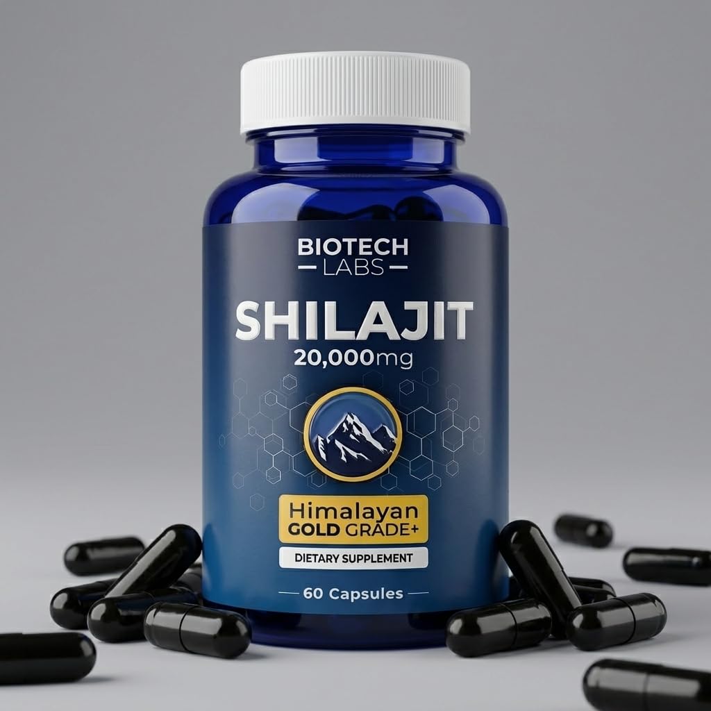 Biotech Labs Shilajit envase abierto con cápsulas exhibiendo contenido y cantidad