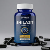 Biotech Labs Shilajit envase abierto con cápsulas exhibiendo contenido y cantidad
